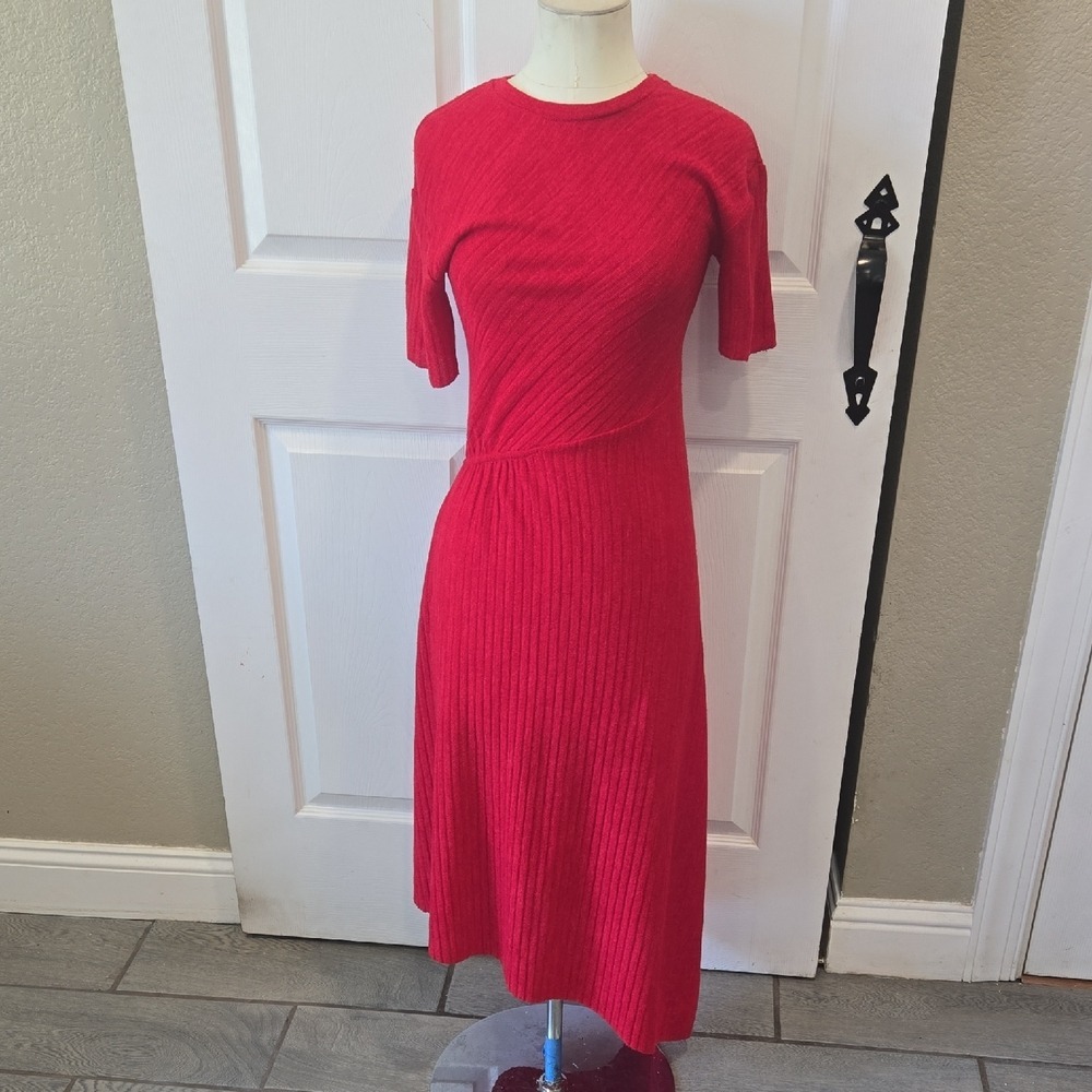 Zara W/B Collection Red Ribbed Knit Midi Dress Short Sleeve Asymmetrical Hem S